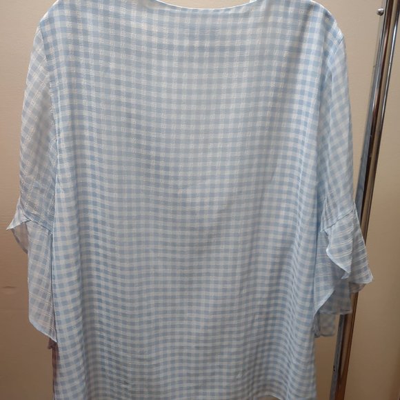 Calvin Klein - Light blue gingham V-neck blouse with bell sleeves - 0X - Picture 2 of 6